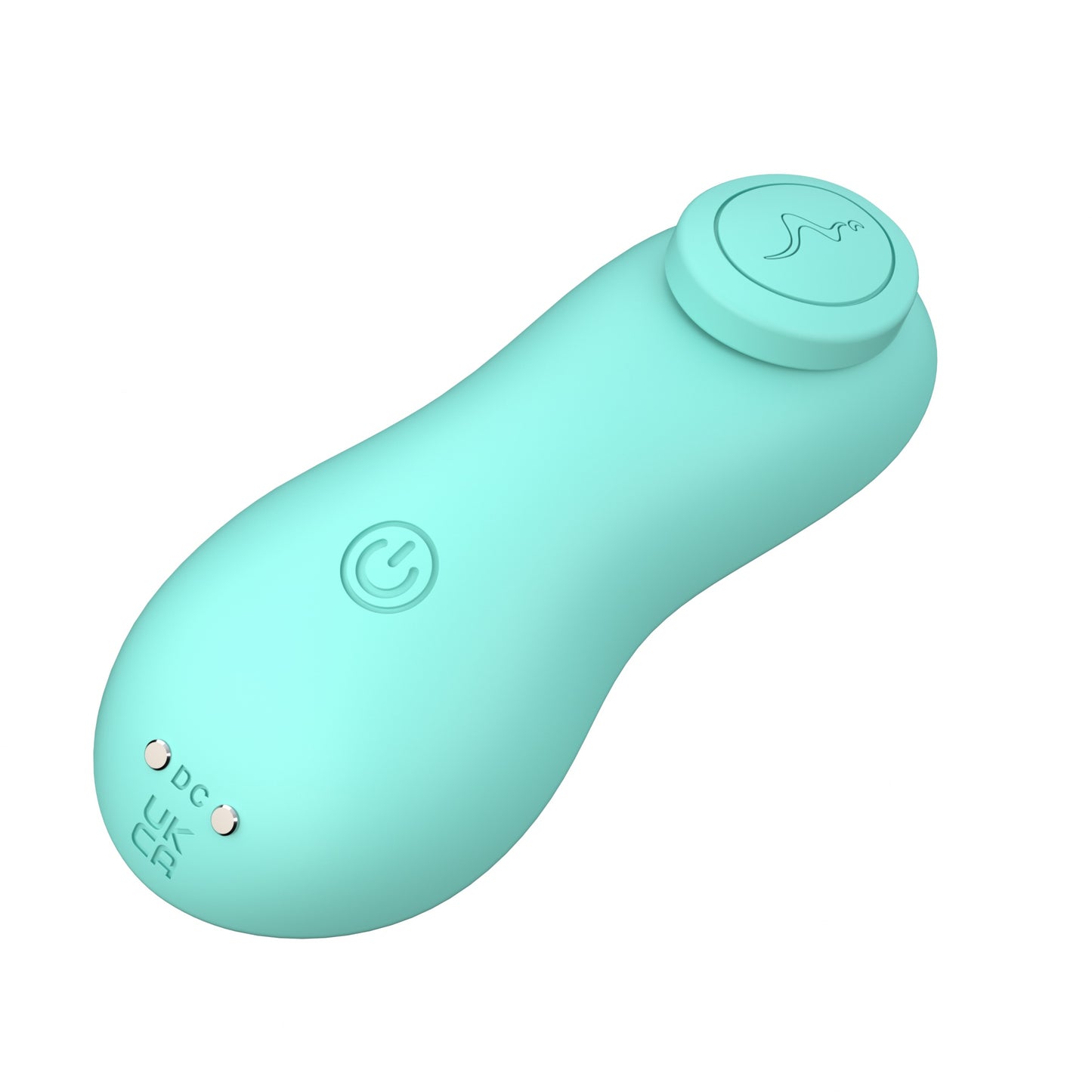 Back view of the Fabulous Coco Wearable App-Controlled Vibrator in teal, showing the magnetic charging port and power button for easy, cordless recharging.