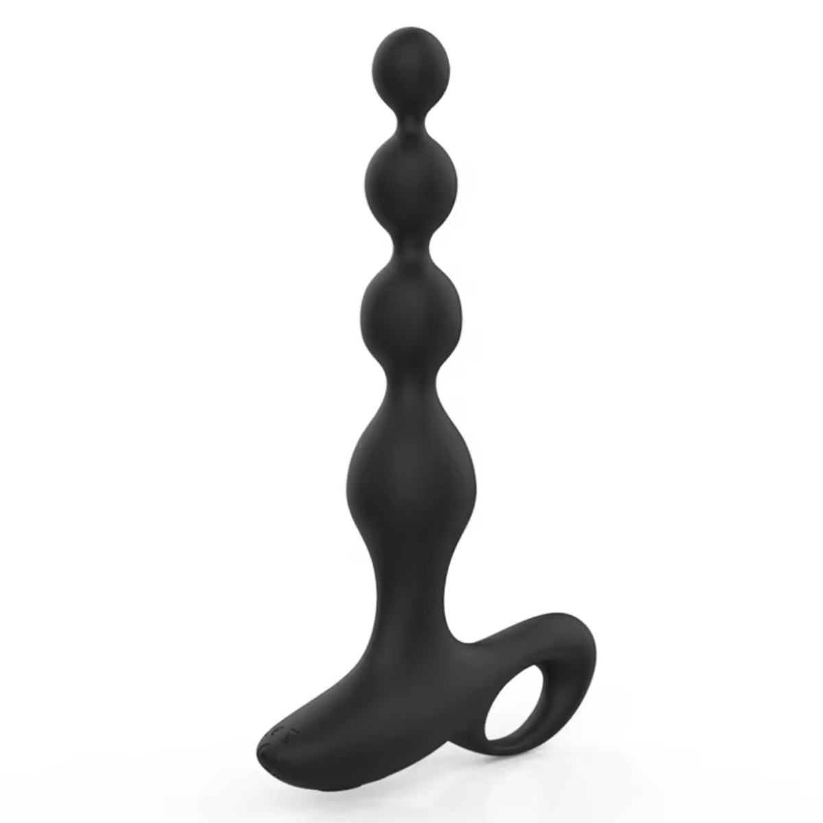 Side view of Abbot black silicone prostate vibrator showing ergonomic beaded shape for precision, comfort and men's wellness.