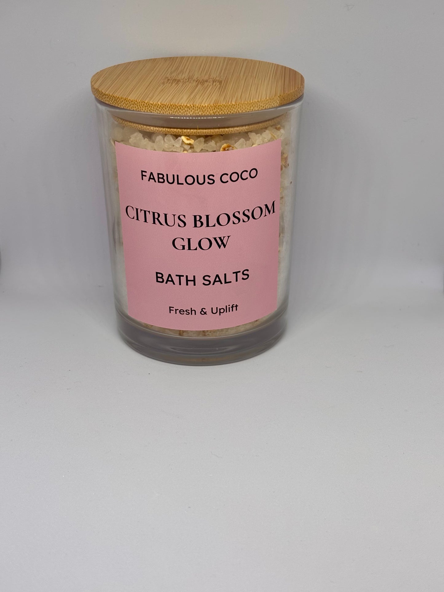 Citrus Blossom Glow Bath Salt in a glass jar with bamboo lid