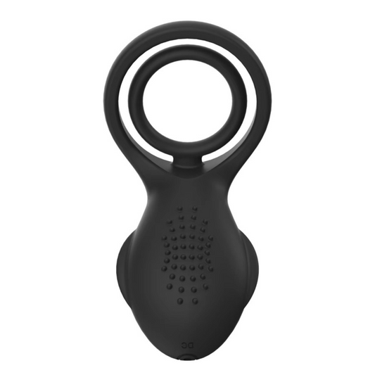 Horam rechargeable vibrating couple's ring- black silicone with textured surface for enhanced pleasure by Fabulous Coco.