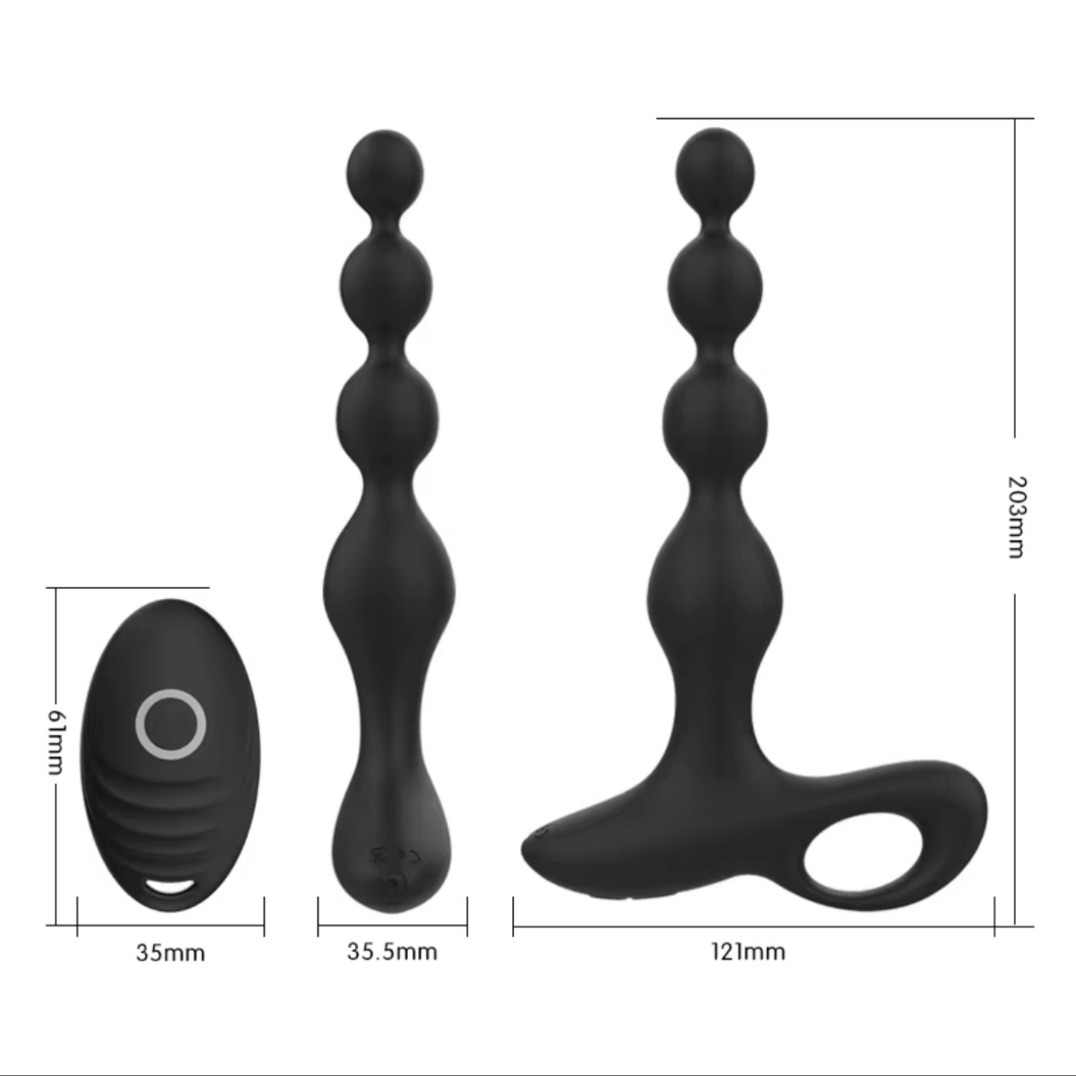 Abbot black silicone remote-controlled prostate vibrator with beaded design and remote control shown with size dimensions for men's wellness.