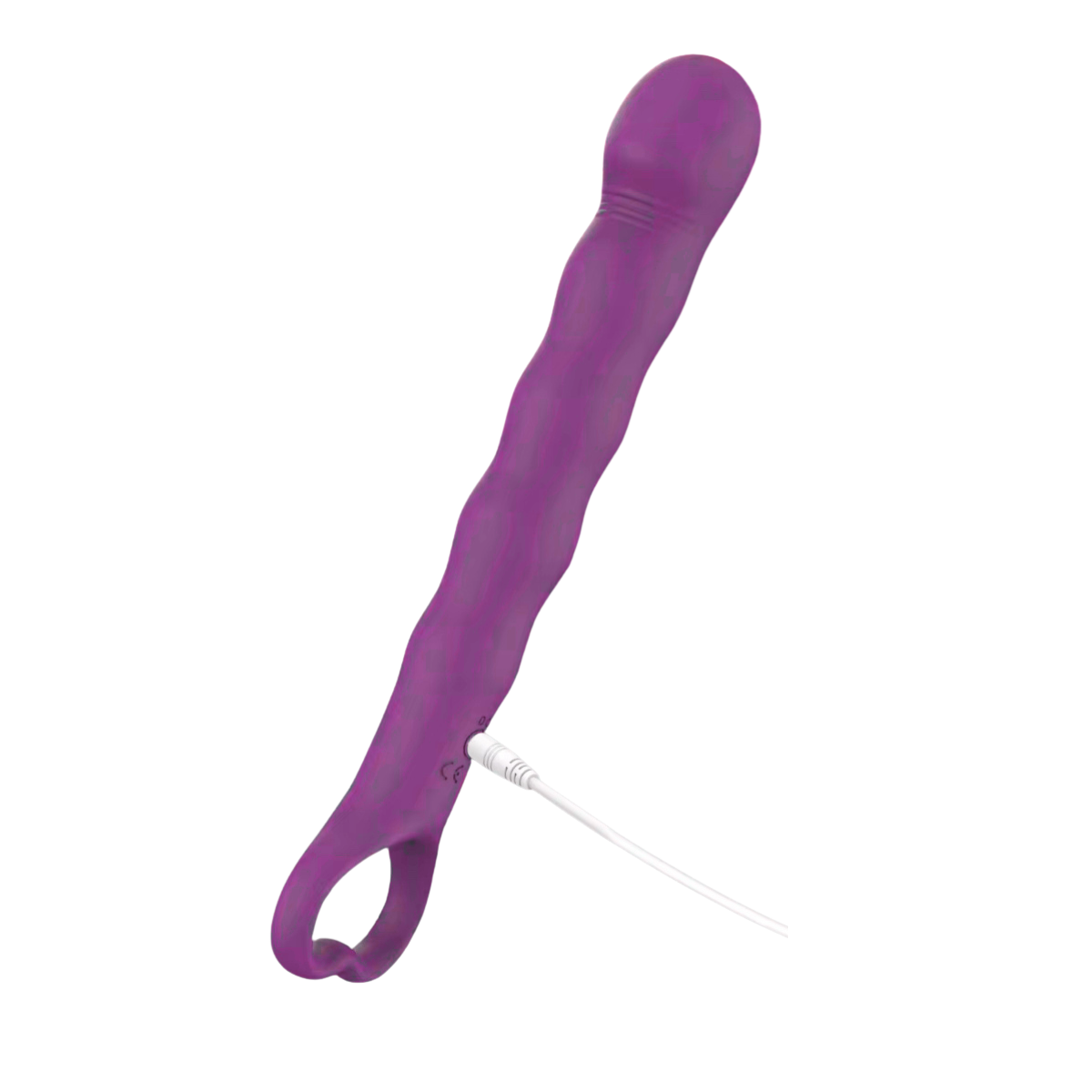 Blade slim rechargeable vibrator in purple shown with charging cable connected, featuring waved silicone shaft and heart-shaped handle.