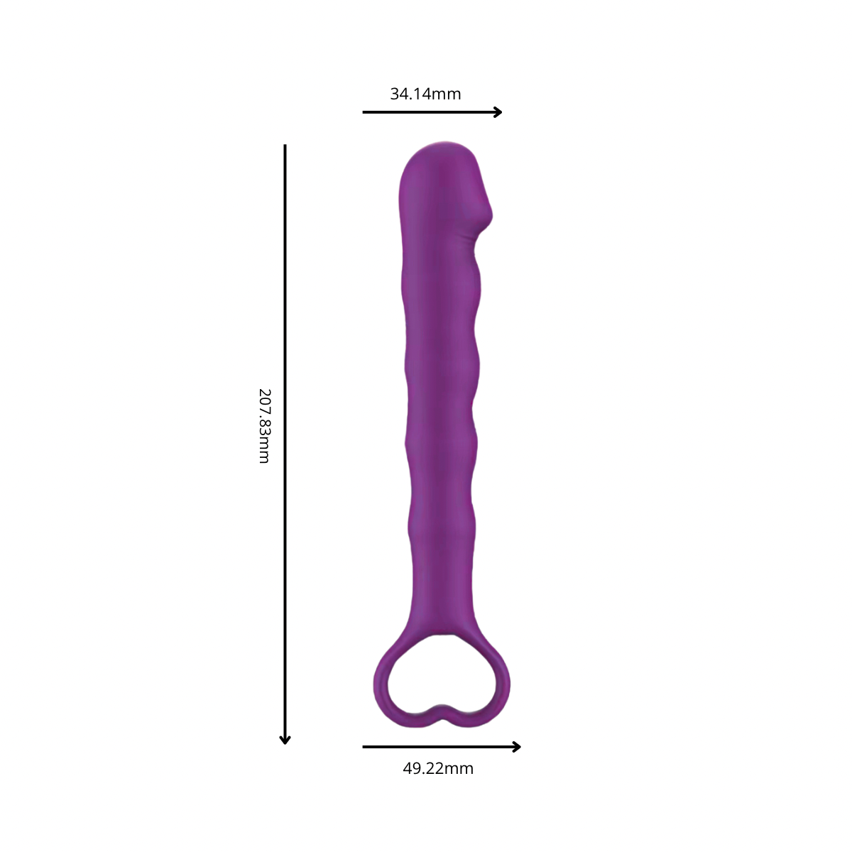 Blade slim rechargeable vibrator in purple shown with full product dimensions, featuring a waved silicone shaft and heart-shaped handle.