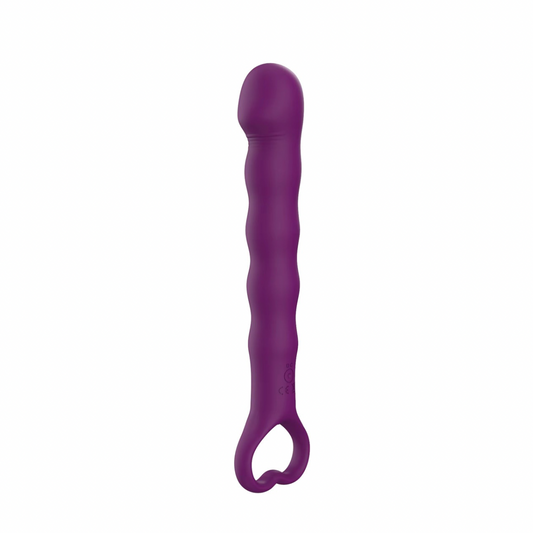 Front view of the Blade slim rechargeable vibrator in purple, featuring a waved silicone shaft and heart-shaped handle for comfortable control.