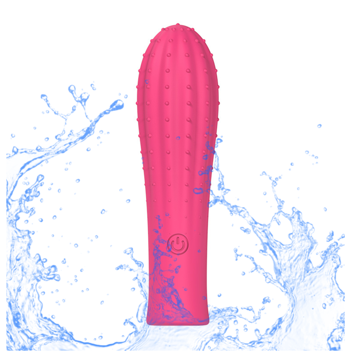 Waterproof Coco Wave Textured Rechargeable Vibrator in pink, shown with splashing water to illustrate its shower-safe design for versatile pleasure anywhere.