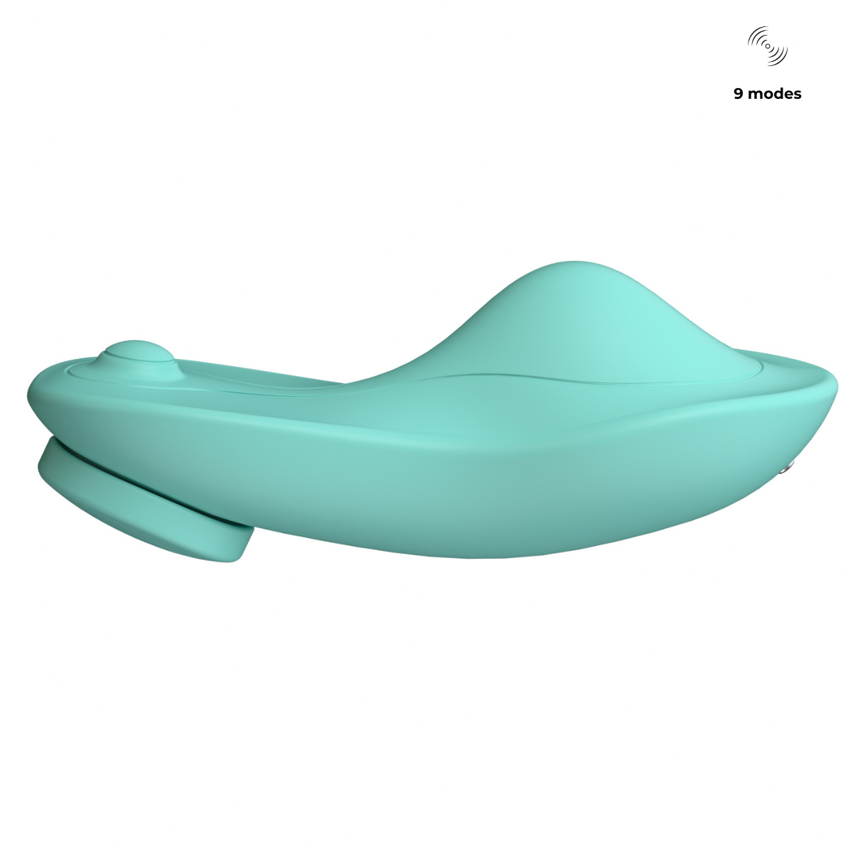 Side view of the Fabulous Coco Wearable App-Controlled Vibrator in teal, highlighting its curved ergonomic shape, soft silicone build, and 9 vibration modes.