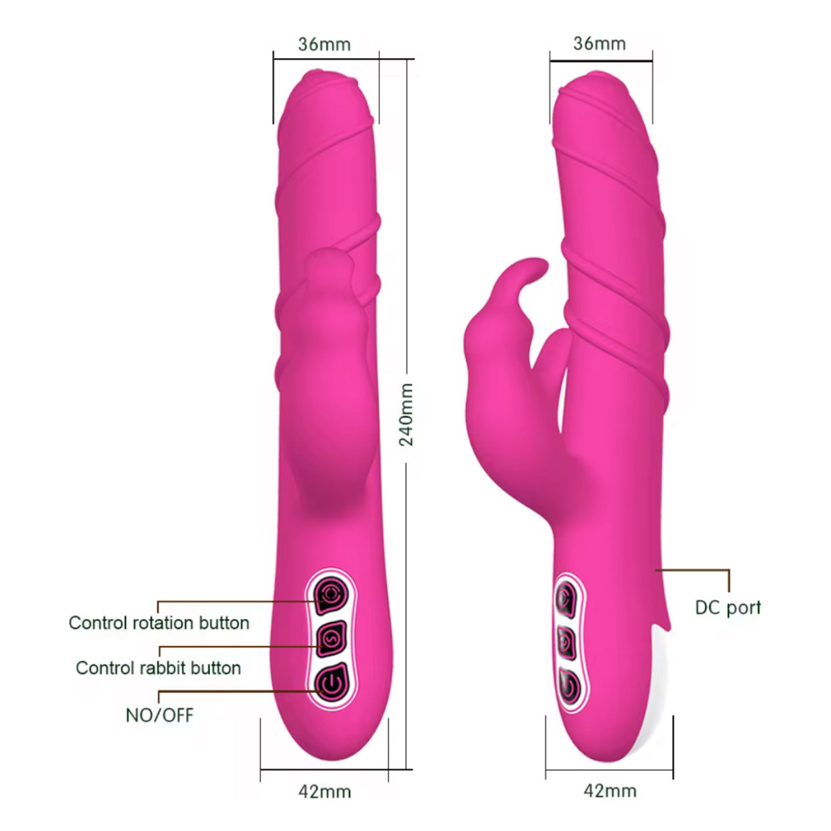 Khalifa Rabbit-Style Rechargeable Vibrator showing product dimensions, control buttons, and DC charging port – detailed technical view.