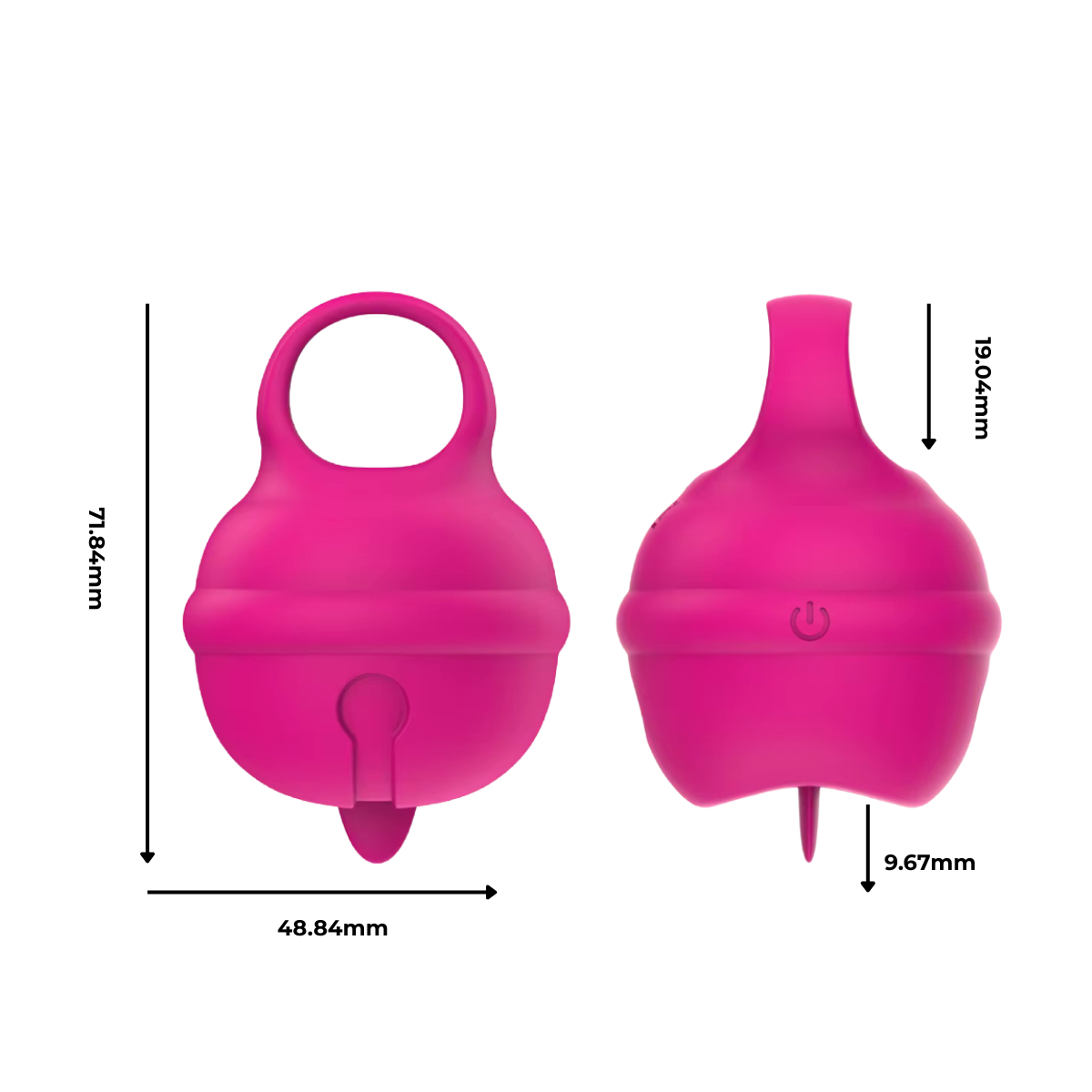Ruby Tongue Rechargeable Vibrator shown with product dimensions — compact ergonomic design in pink silicone for discreet, body-safe pleasure.