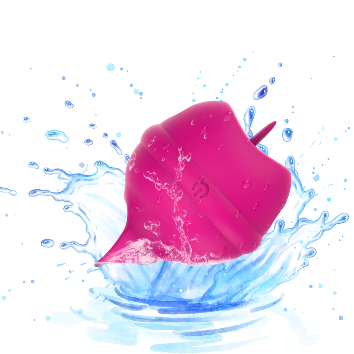 Ruby Tongue Rechargeable Vibrator in pink with water splash effect, highlighting its waterproof design for use in the shower or bath.