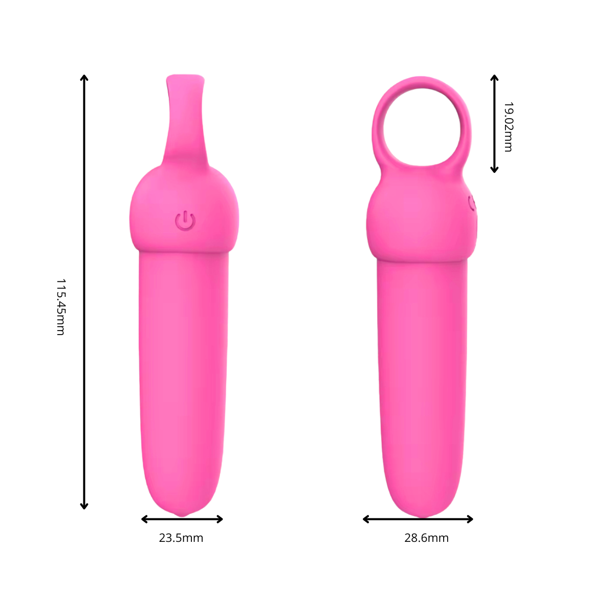 Rudy Bullet Rechargeable Vibrator dimensions – front and back view with measurements in millimetres, compact pink silicone.