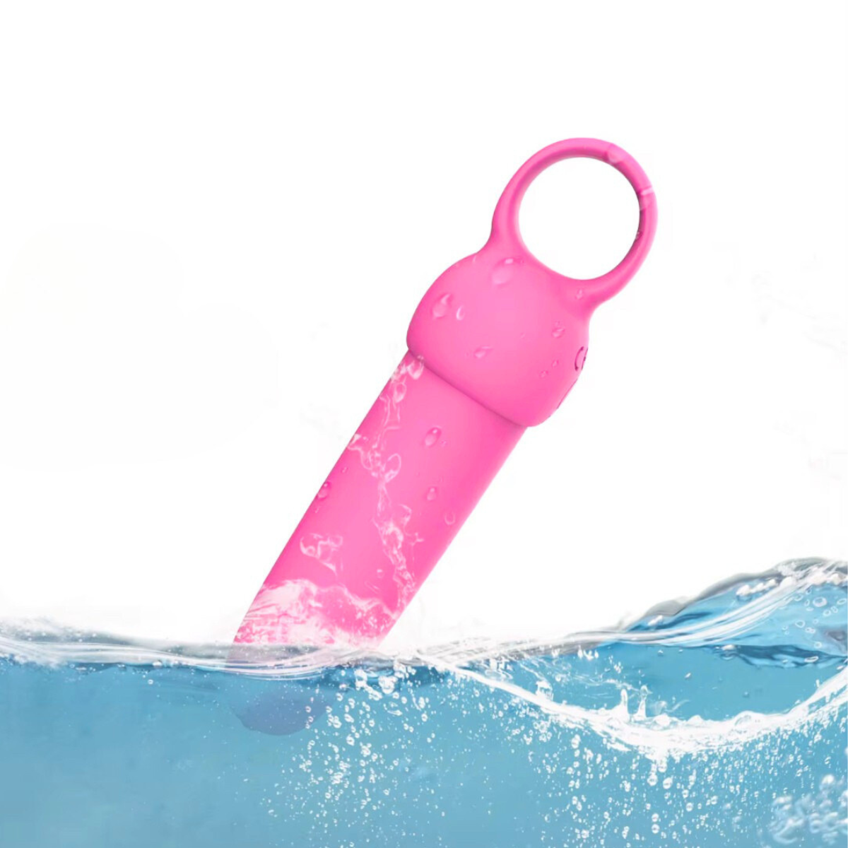 Rudy Bullet Rechargeable Vibrator waterproof design – pink silicone bullet shown with water splash, ideal for shower or bath use.